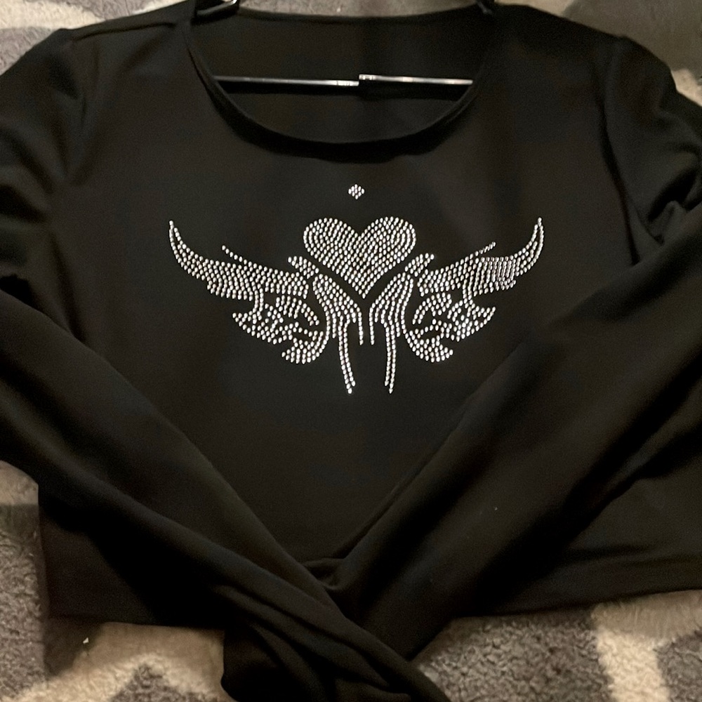 Rhinestone Heart with wings long sleeve crop top.